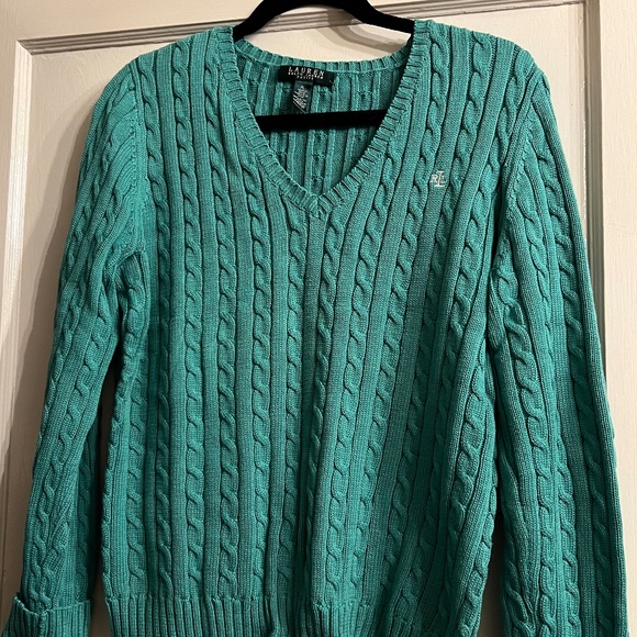 Ralph Lauren Women's V-Neck Cable Knit Sweater - Teal - Picture 1 of 2
